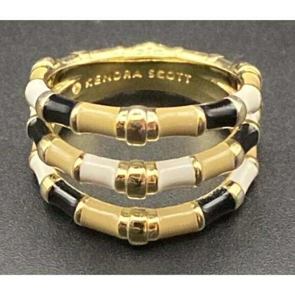 Kendra Scott Essie Triple Band Ring Black Beige Cream Neutral Gold Tone Sz  6 - Picture 1 of 10